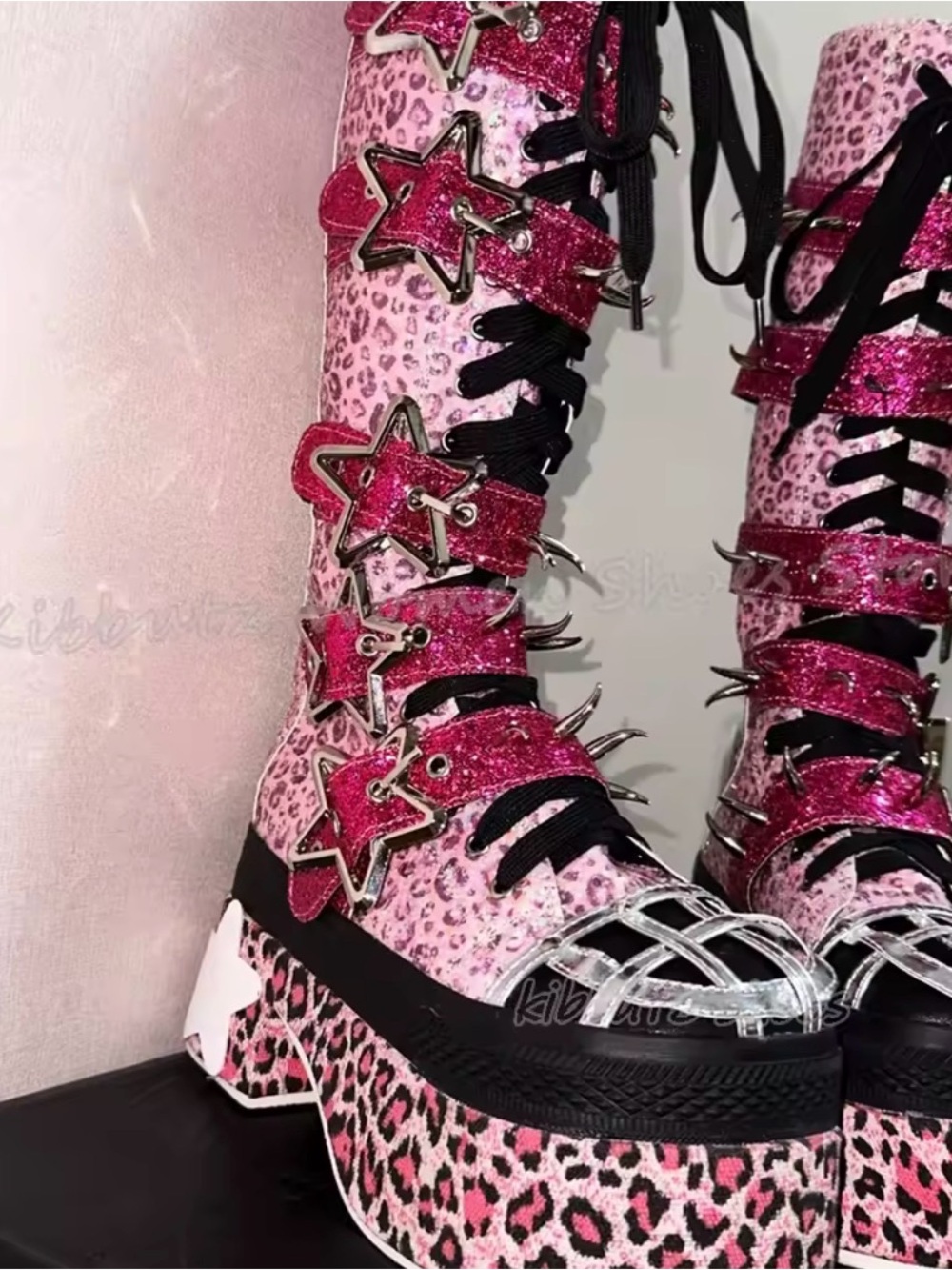 Women's Pink Leopard Platform Combat Boots with Star Buckles